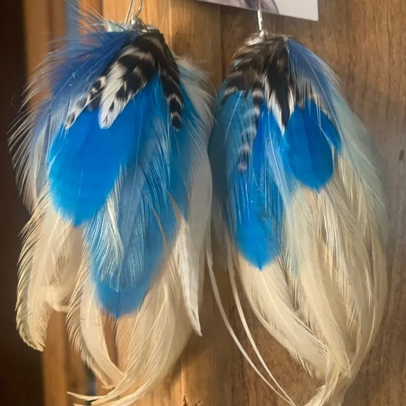 Blue White Cream Genuine Leather Festival Earrings NWT - Picture 3 of 11